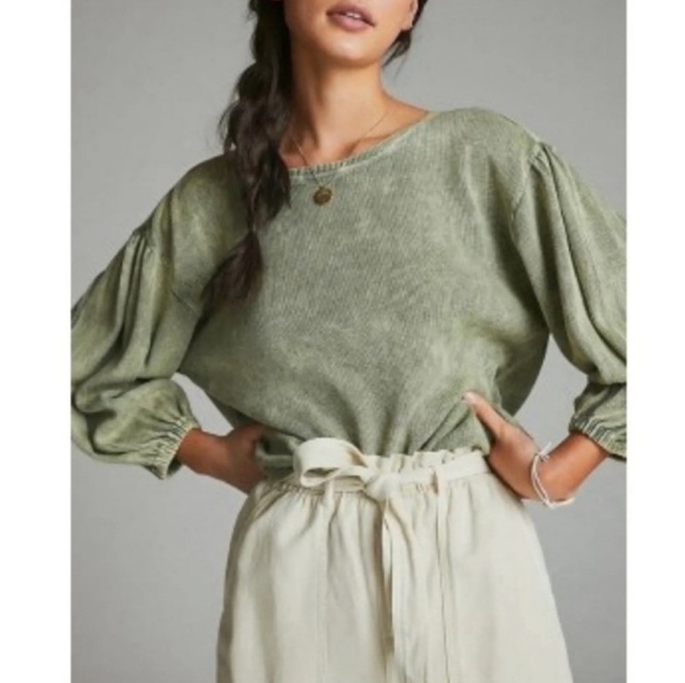 Pilcro | Anthropologie Mineral Washed Waffle Top Sage Green XL Balloon Sleeves